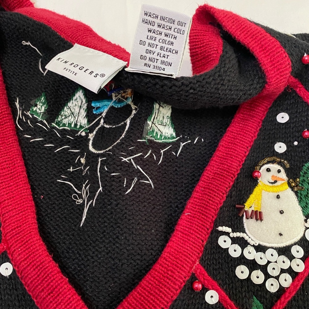 KIM ROGERS Black Sequin Embellished Embroidered Snowman Ugly Sweater Vest PXL - Picture 4 of 6